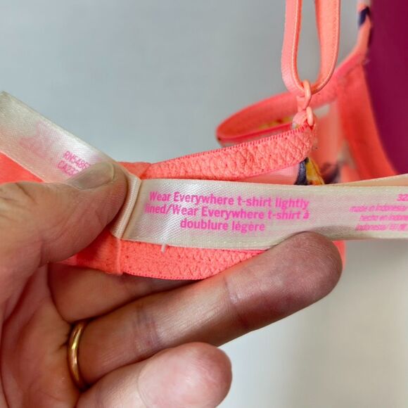 PINK Wear Everywhere Peach Multicolored Floral Underwire Lined T-Shirt Bra 32B - Picture 10 of 12